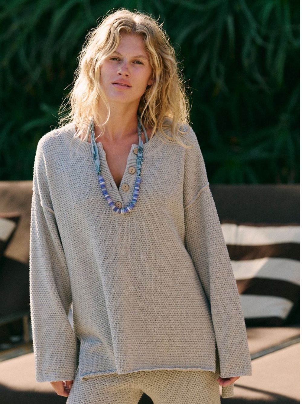 Free People Cream Textured Scoop Neck Sweater